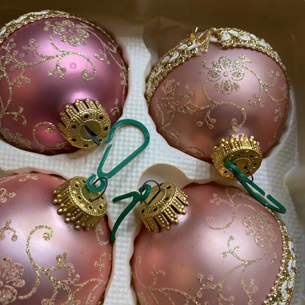 Vintage Christmas by Krebs Pink Gold Glass Ornaments Hand Decorated 12ct 72580